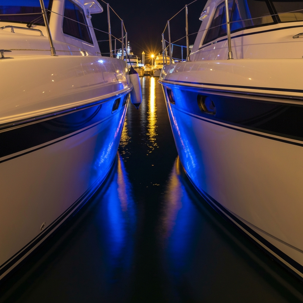 Close up of two adjacent vessel hulls in a marina, both with mirror-finish gelcoat reflecting the dock lights