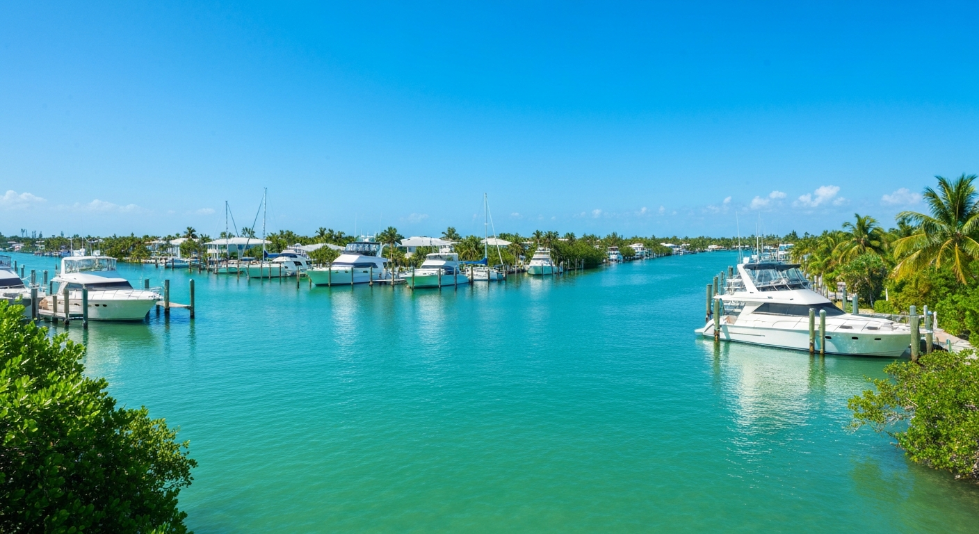 Bright vibrant tropical real photo of Key Largo Harbor Marina turquoise water clear blue sky white hulls gleaming in the sun