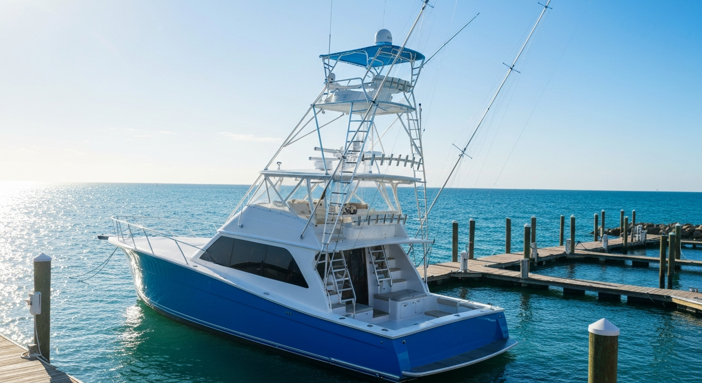 A gleaming 45 foot sportfish tower boat docked at a Pompano Beach marina with the Atlantic visible in the background