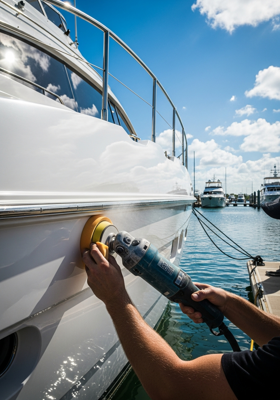 A large white luxury motoryacht at least 60 feet long is docked at a marina in bright Florida sunlight. The hull of the yacht dominates the frame. In the foreground a professional detailing technician's hands and arms are visible holding a single rotary polishing machine against the gleaming white gelcoat of the yacht's hull.