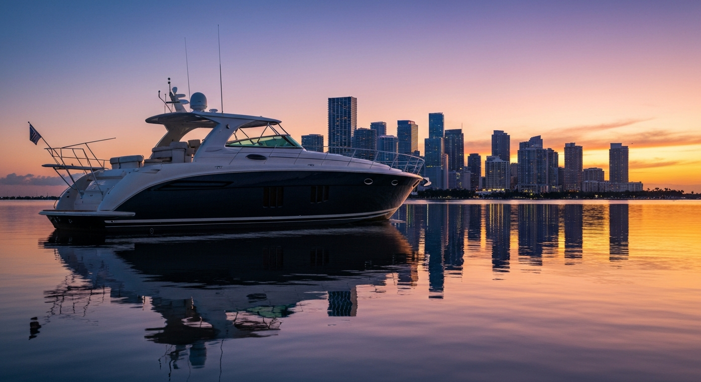 A sleek express cruiser with a perfect ceramic coated dark hull reflecting the Miami skyline at dusk