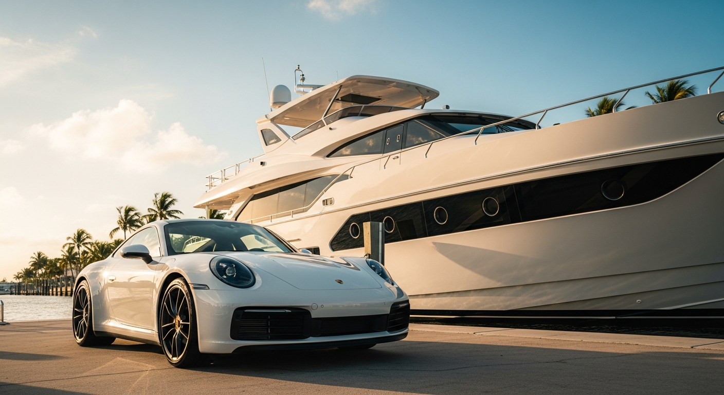 A gleaming white Porsche 911 and a pristine motoryacht side by side at a South Florida waterfront, warm golden afternoon light