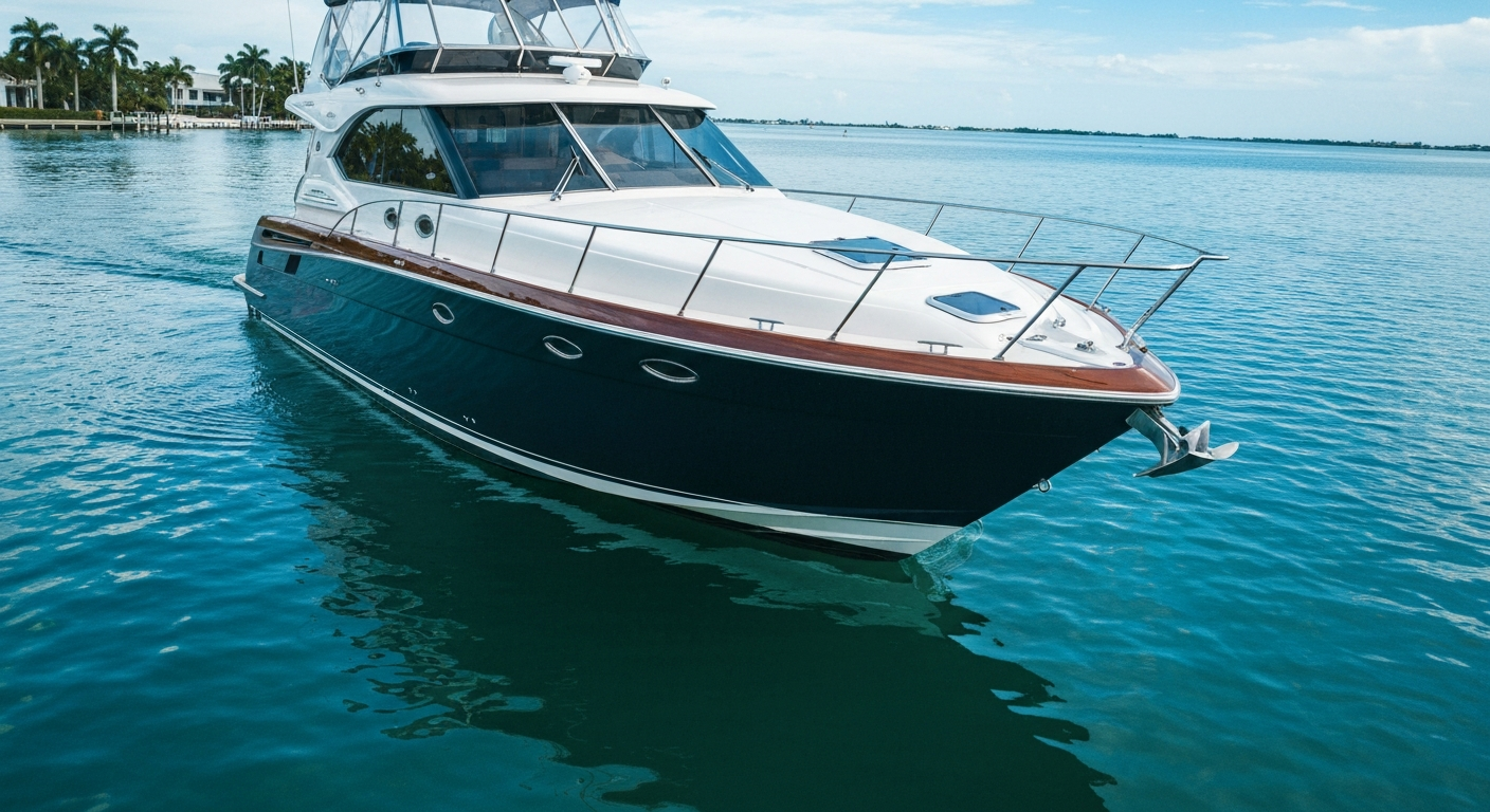 Gleaming 40 foot express cruiser on calm South Florida water with a perfect wax shine