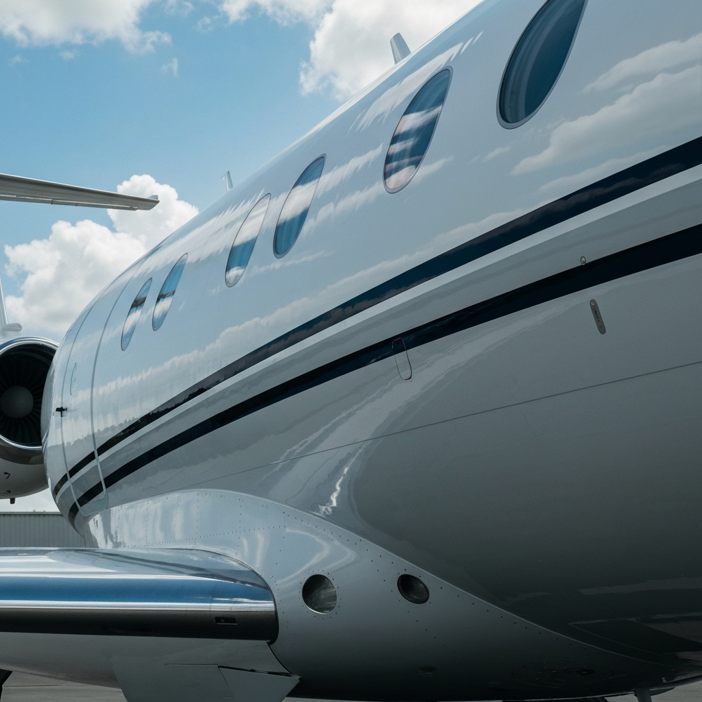 Extreme close up of a gleaming white aircraft fuselage with a perfect mirror finish reflecting the Florida sky