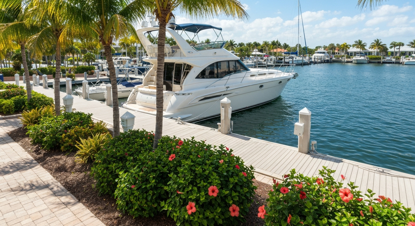 A gleaming 55 foot express cruiser docked at a pristine Boca Raton marina with lush tropical landscaping