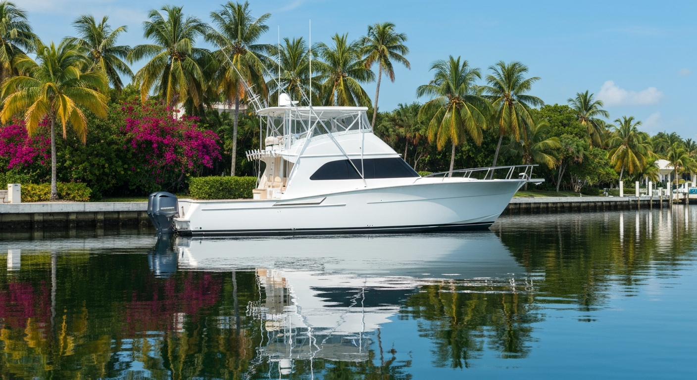 A gleaming sportfish boat reflected perfectly in glassy Intracoastal water, lush Boca Raton landscaping visible on shore