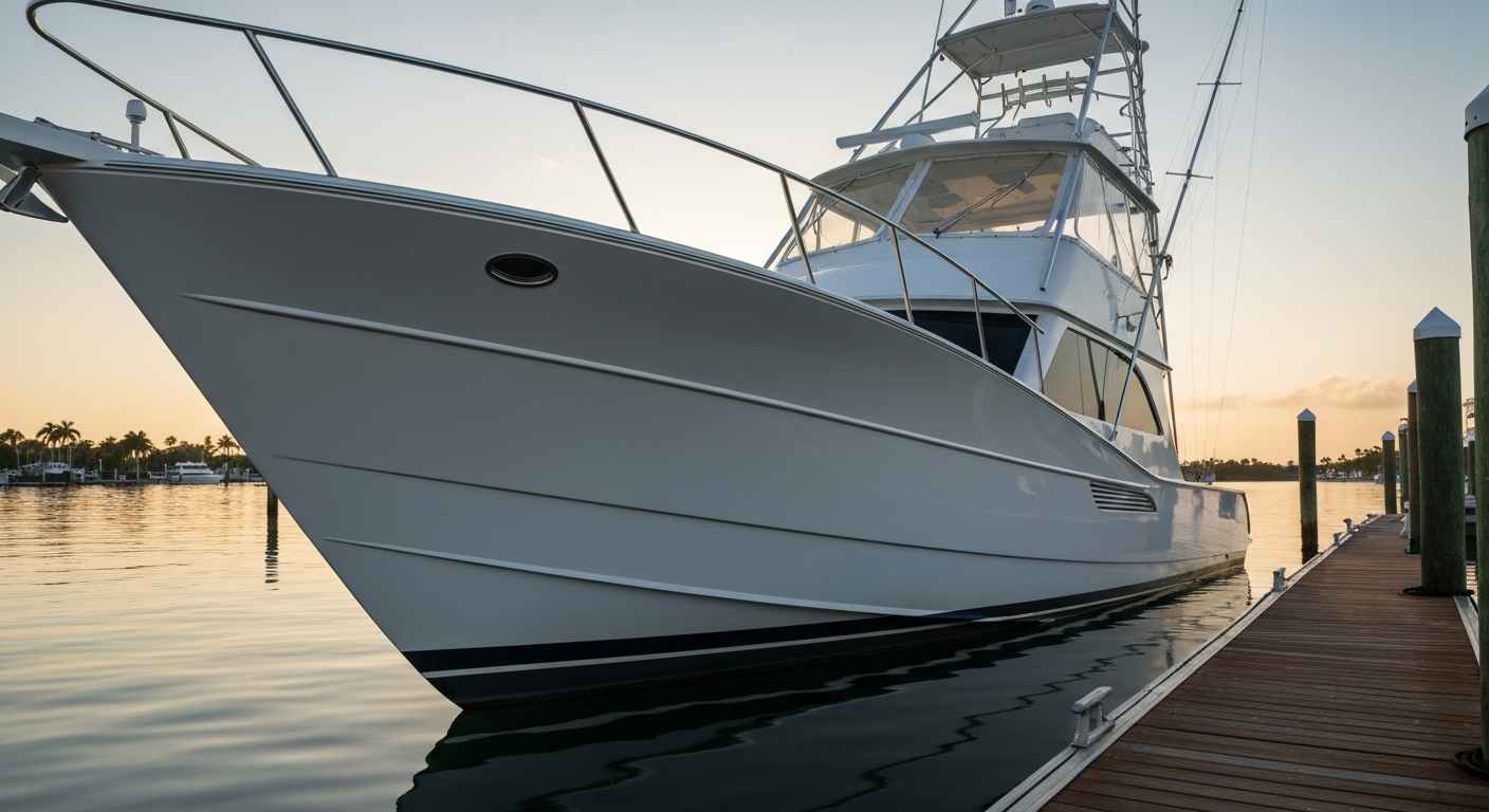 Pristine 35 foot sportfish boat gleaming at a South Florida marina dock at early morning golden light