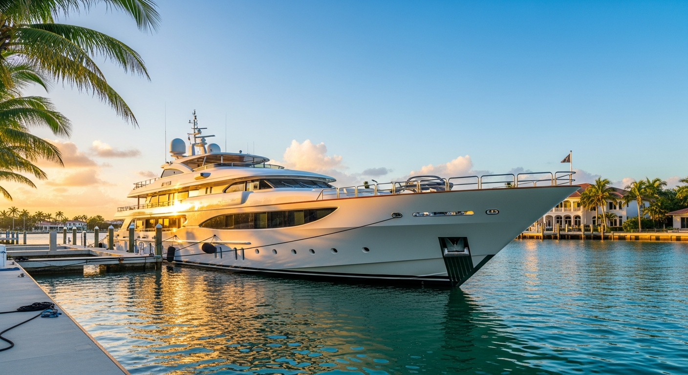 A gleaming white luxury superyacht docked at a pristine South Florida marina at golden hour.