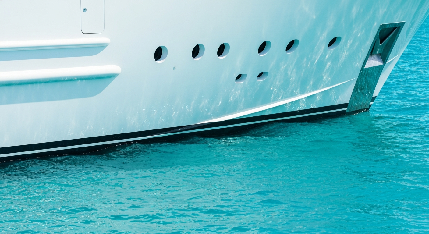 Pristine superyacht detail work, close up of gleaming hull reflecting turquoise water