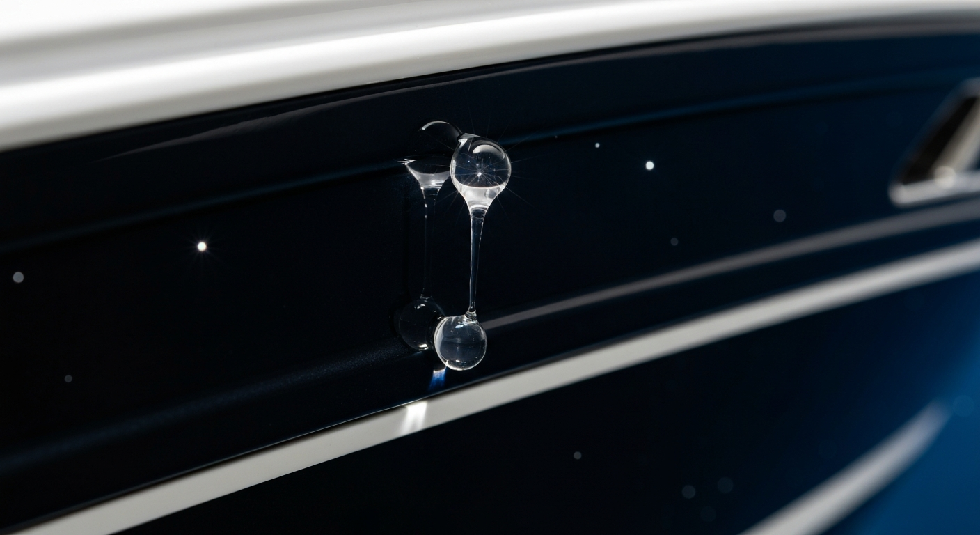 Extreme close up of a water droplet beading perfectly on a glossy ceramic coated dark hull surface