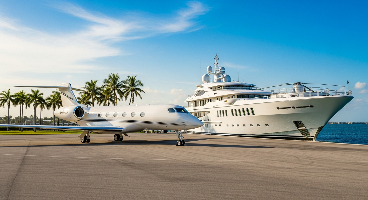 A gleaming white Gulfstream private jet and a large superyacht side by side, South Florida palm trees and blue sky in the background