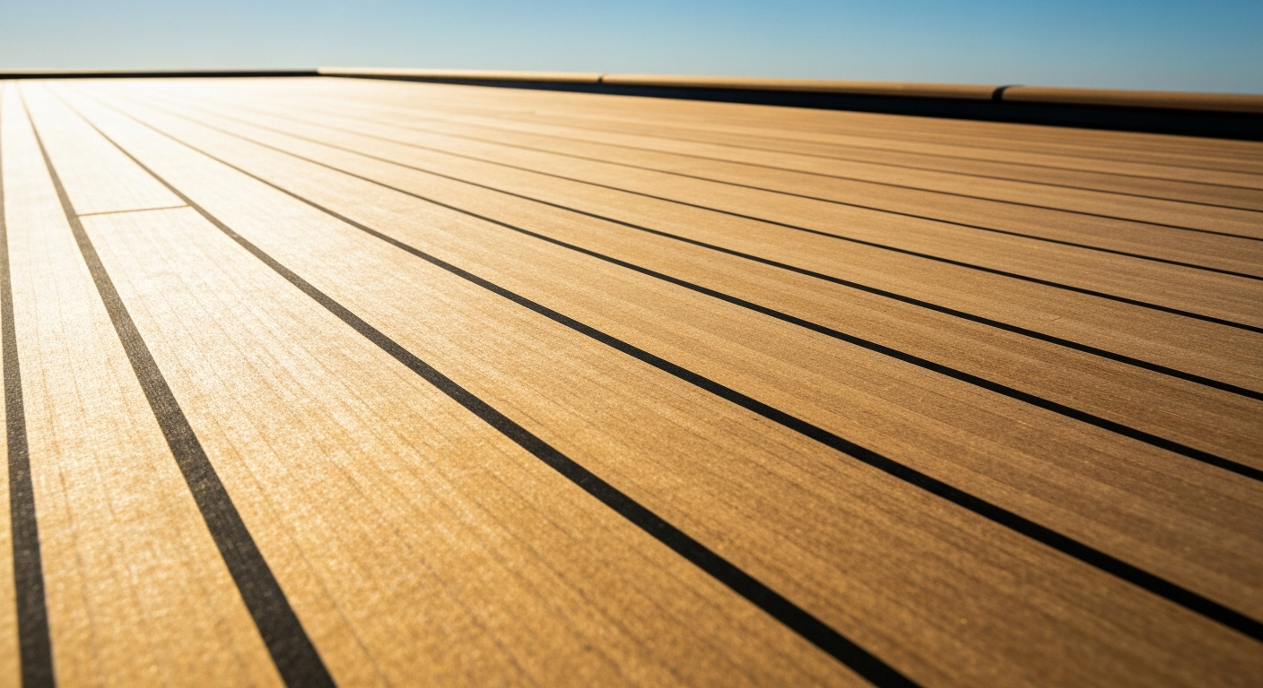 Extreme close up of rich golden teak deck planking with tight black caulk lines in perfect condition