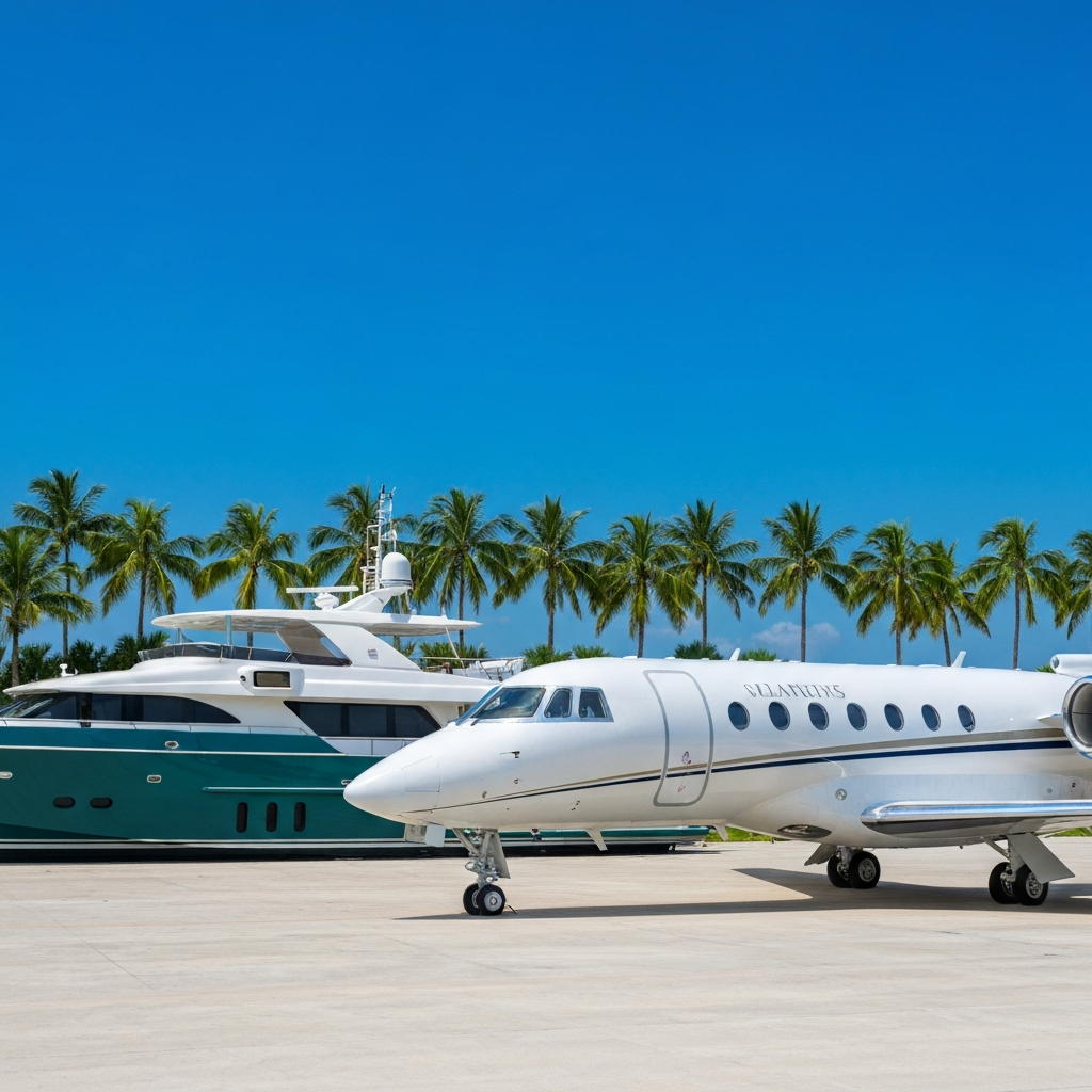 A gleaming private jet and a superyacht side by side, South Florida palm trees and blue sky