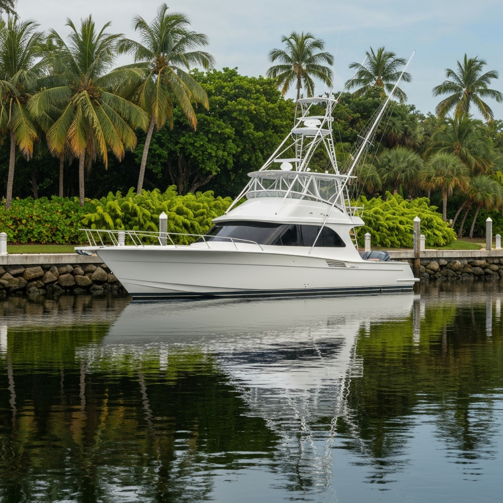 A pristine sportfish boat reflected in calm Intracoastal water at a Pompano Beach marina