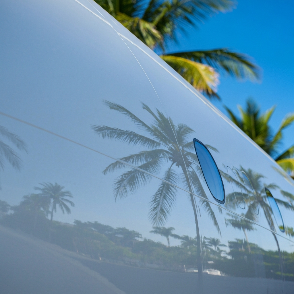 Extreme close up of a gleaming white aircraft fuselage with a perfect ceramic coated mirror finish reflecting tropical palm trees and blue Florida sky