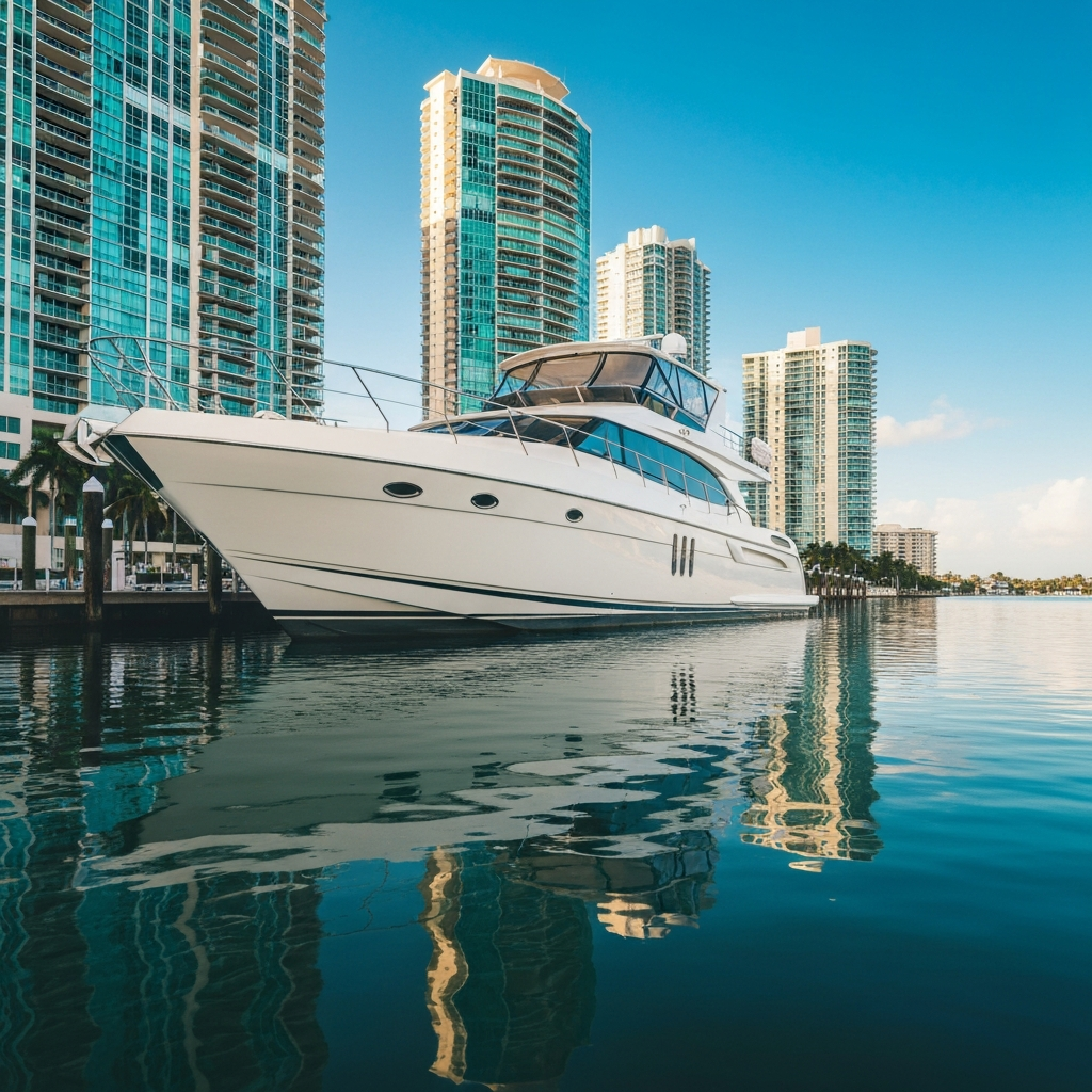 A gleaming motoryacht with a flawless ceramic coated hull reflected in the glassy Intracoastal water at an Aventura marina