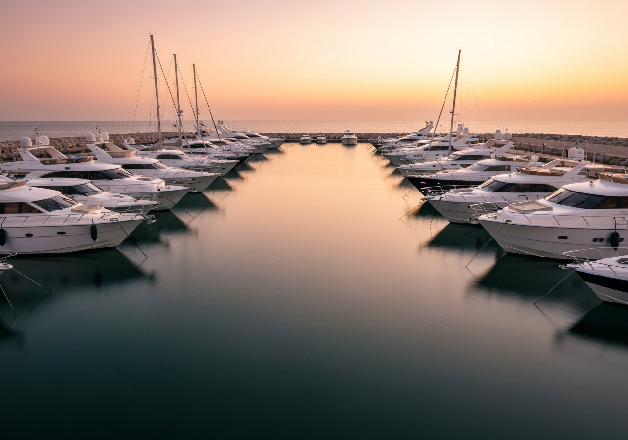 Pristine yacht fleet at golden hour