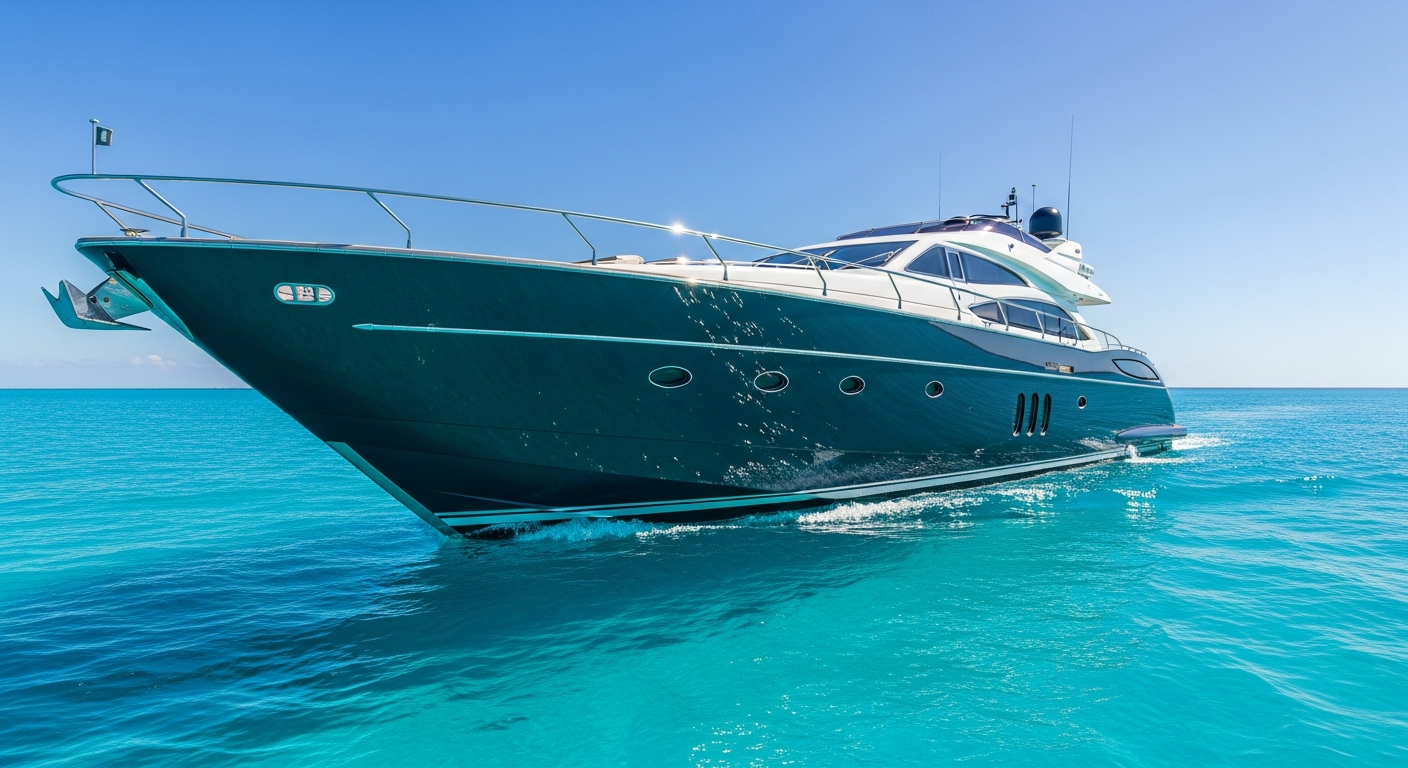 Yacht on bright turquoise water under full direct sunlight with a freshly ceramic coated, wet and glossy hull