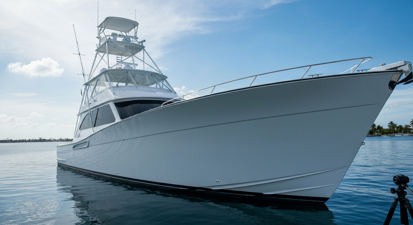 Gleaming 50 foot sportfish boat with a flawless high gloss hull finish reflecting the South Florida sky
