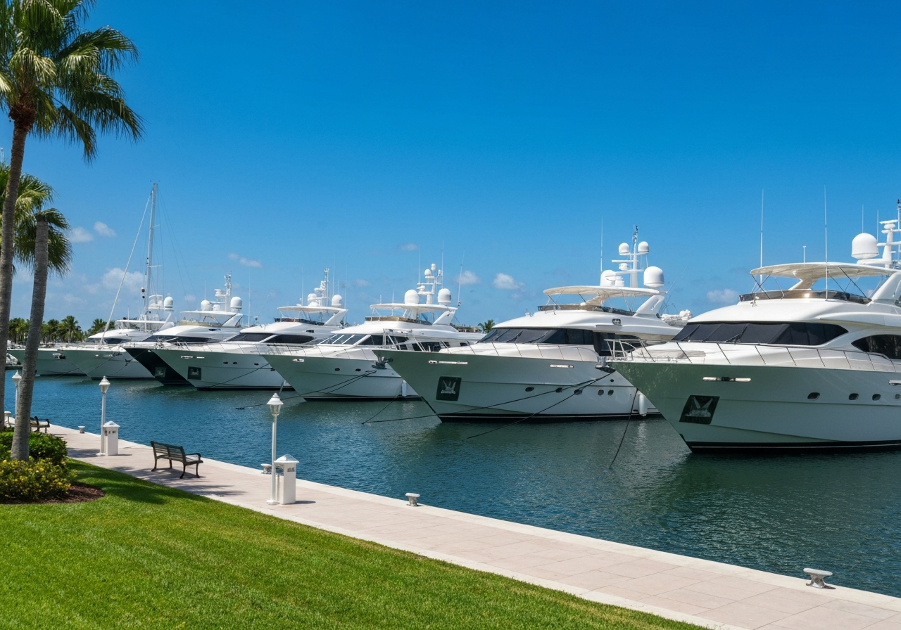 Row of well maintained yachts at a South Florida marina