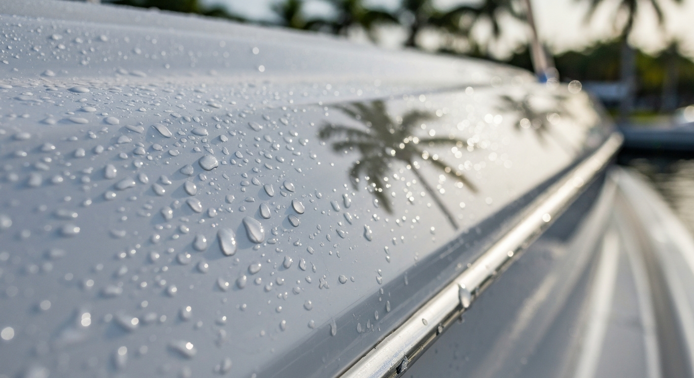 Close up of a pristine white hull with water beading perfectly off a freshly waxed surface