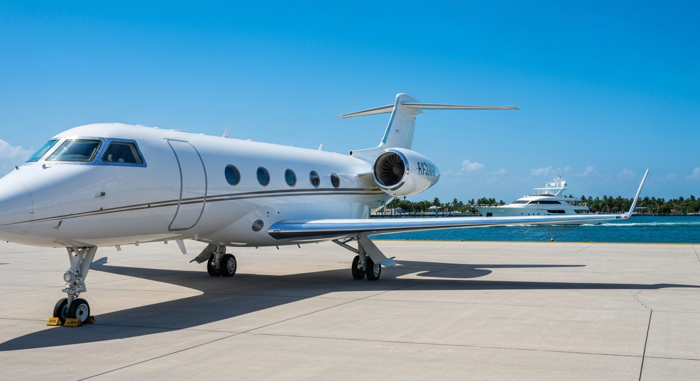 A gleaming white Gulfstream private jet on the tarmac at Fort Lauderdale Executive Airport with a superyacht visible on the Intracoastal waterway in the background