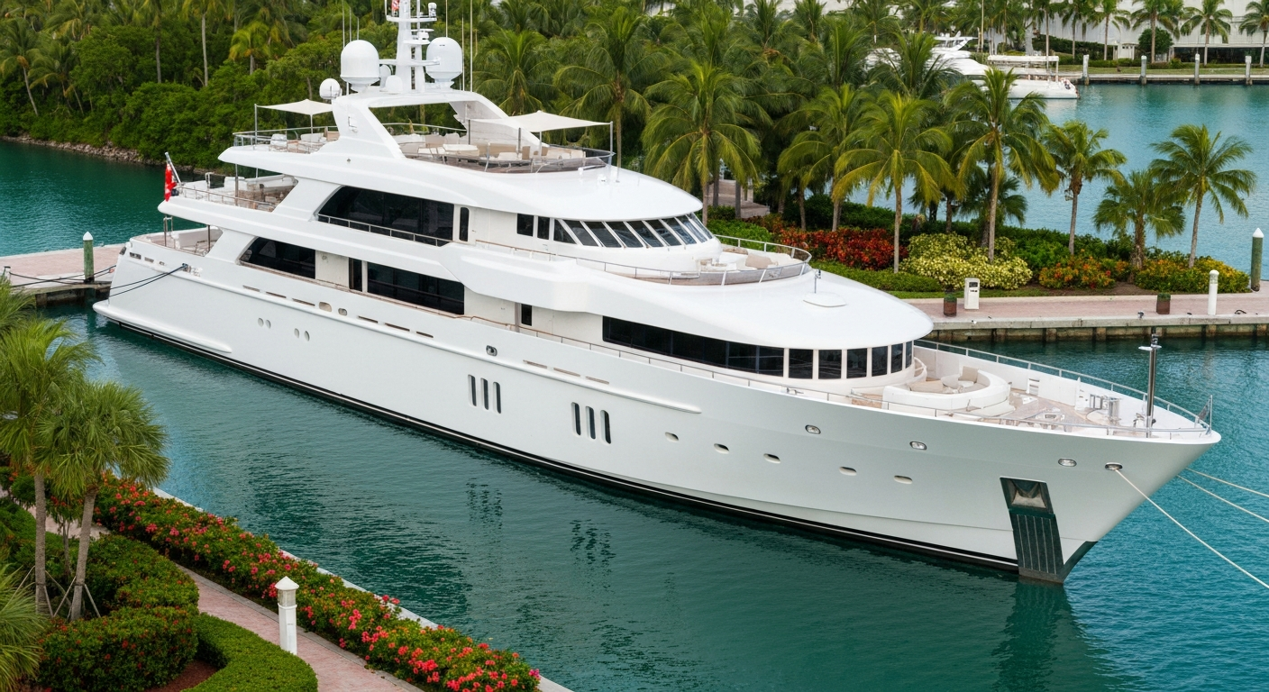 A gleaming superyacht with a flawless white hull berthed at a premium Palm Beach marina