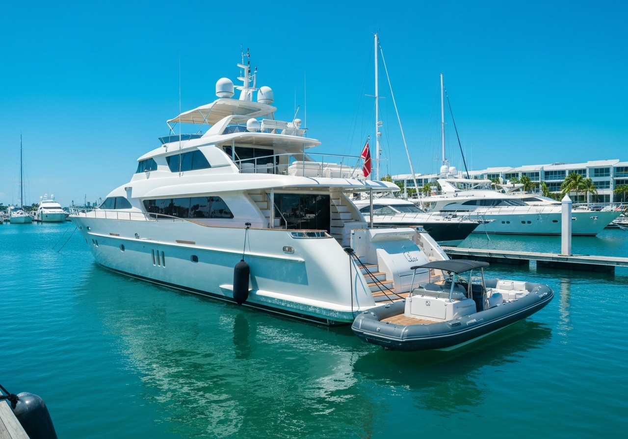 Large luxury motoryacht gleaming in Florida sunlight at a marina