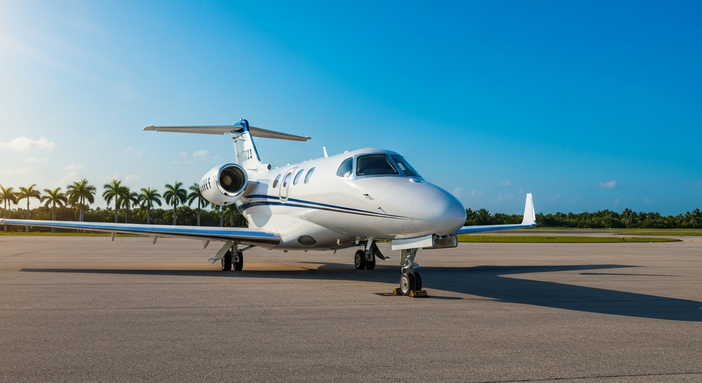 A gleaming Citation private jet on the tarmac at a South Florida executive airport with palm trees and blue sky visible