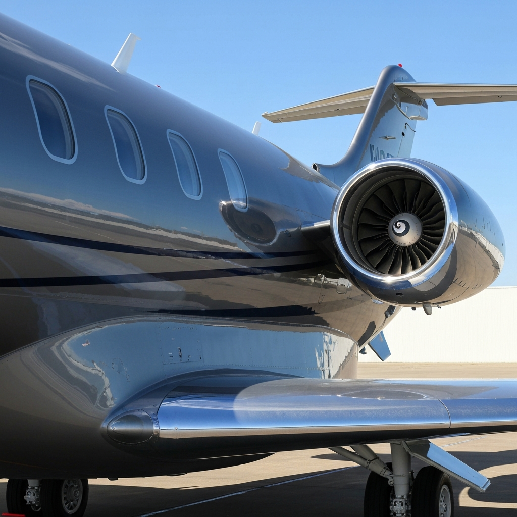 Extreme close up of a gleaming private jet fuselage with a mirror finish reflecting the blue South Florida sky