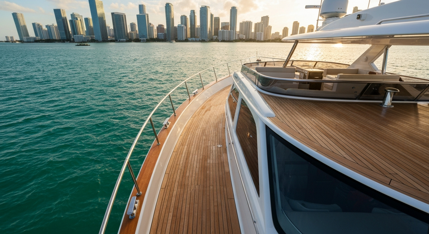 A gleaming 70 foot motoryacht on the turquoise water of Biscayne Bay with the Miami skyline visible in the background