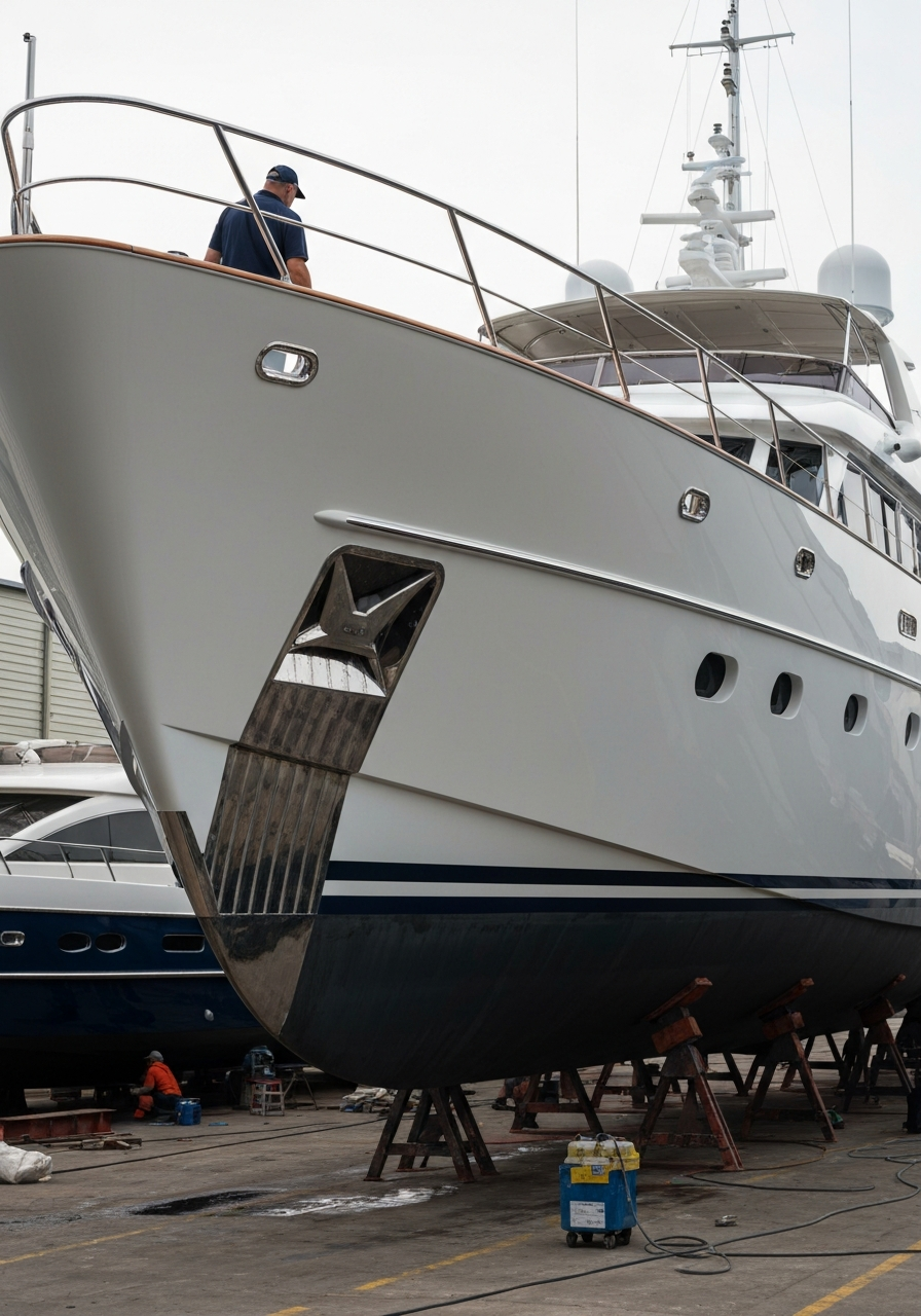 Yacht on the hard at a boatyard being professionally detailed