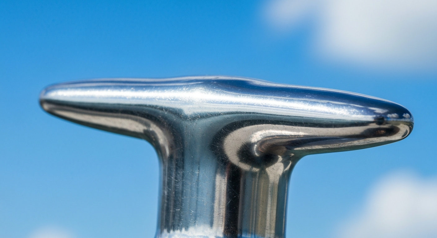 Extreme close up of a perfectly polished stainless steel cleat reflecting a blue South Florida sky