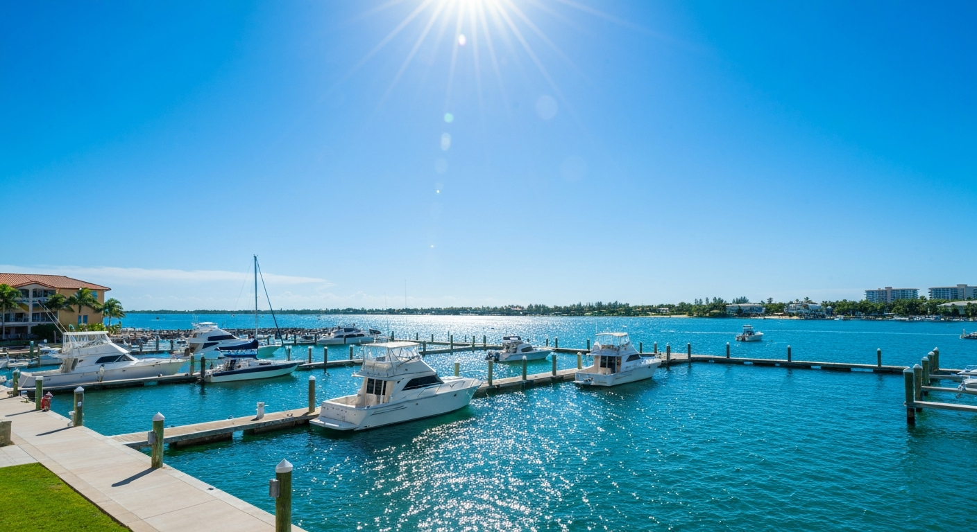 Bright vibrant sun drenched real photo of Jupiter Inlet Florida marina waterfront sparkling blue water white boats bright Florida sky