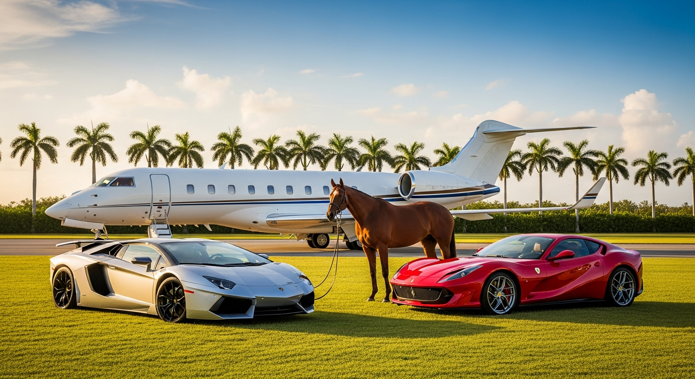 Luxury lifestyle in Davie Florida featuring exotic supercars, a private jet, and a thoroughbred horse