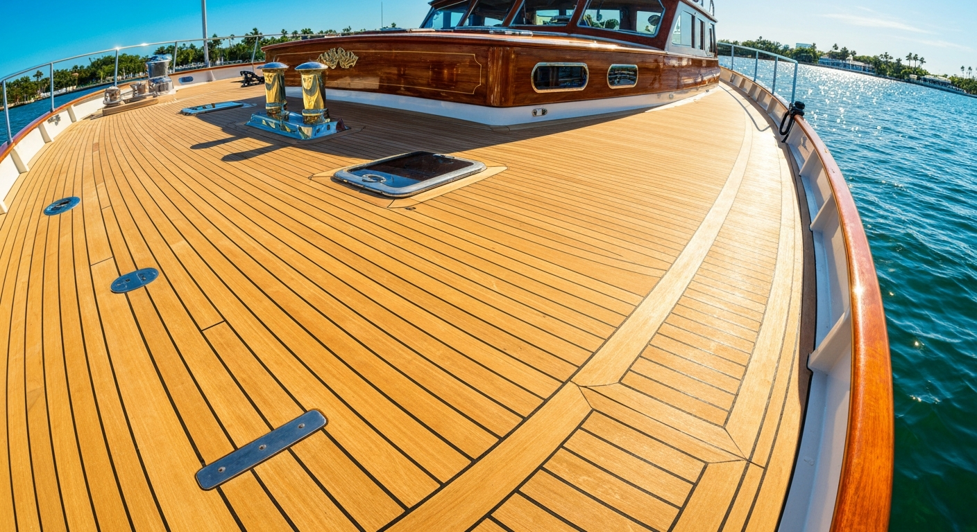 A richly restored golden teak deck on a classic motor yacht, warm South Florida sunlight illuminating the wood grain