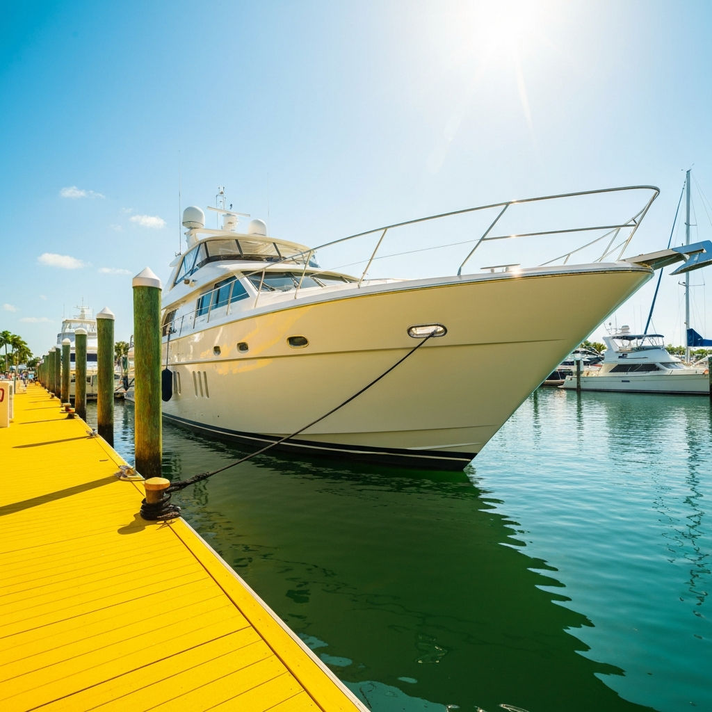 Large luxury motoryacht securely tied to a dock at a marina