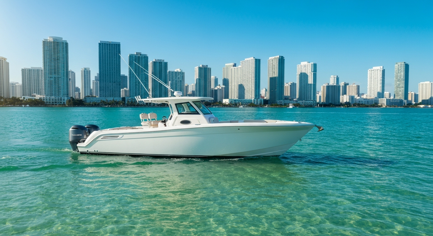 A gleaming center console boat on turquoise Biscayne Bay water with downtown Miami reflected in the hull