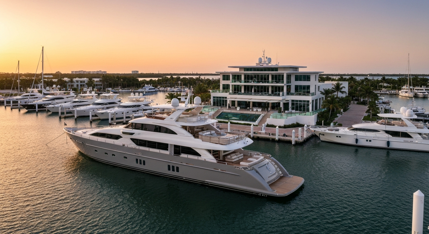 High-end luxury waterfront scene in South Florida at sunset