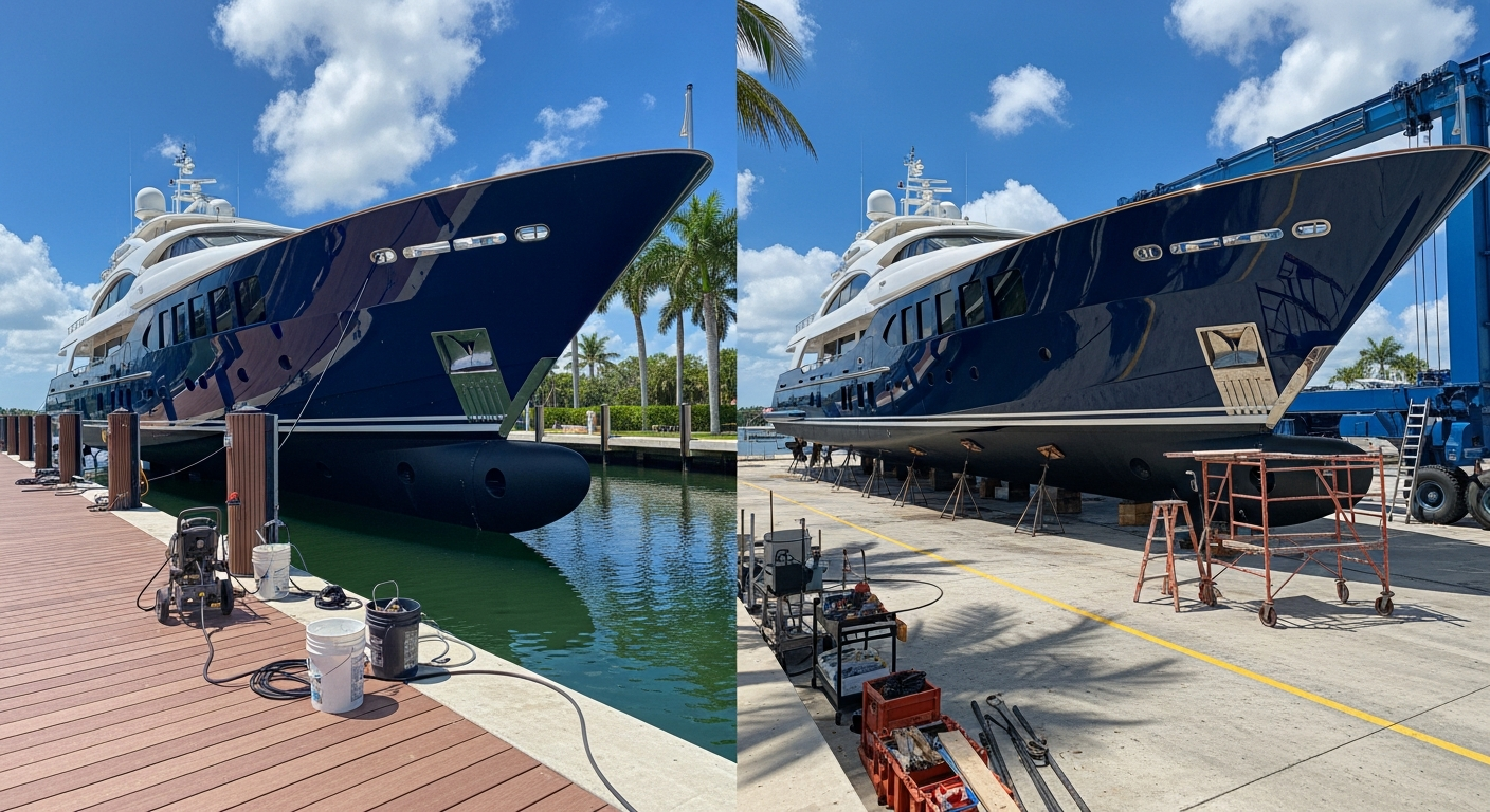 Large yacht being detailed both dockside and on the hard at a boatyard