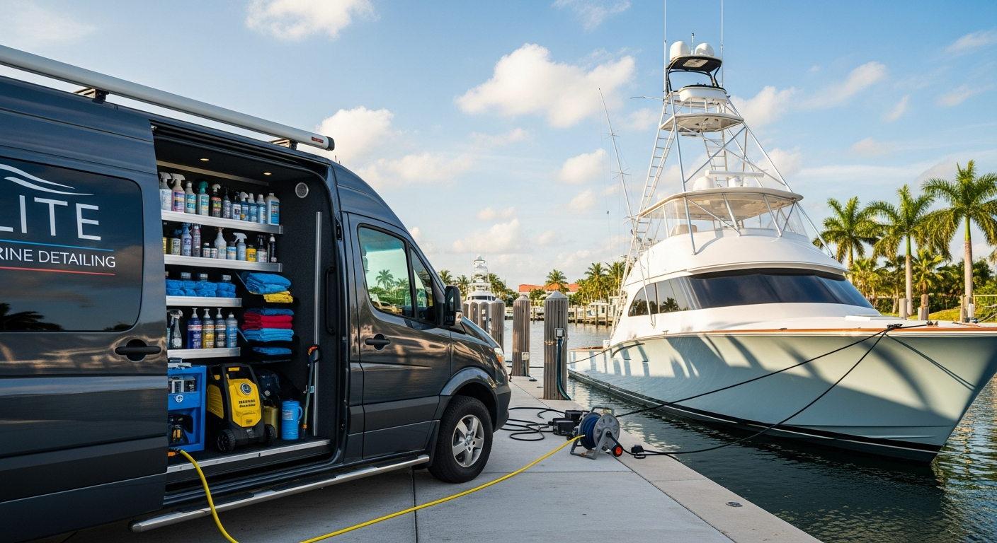 A fully equipped professional marine detailing van parked at a South Florida marina dock, gleaming sportfish boat visible in the background at the dock