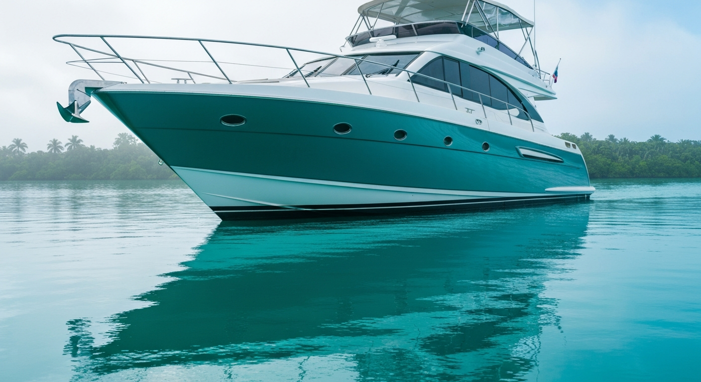 Gleaming 55 foot motor yacht with a mirror-finish hull reflecting turquoise South Florida water