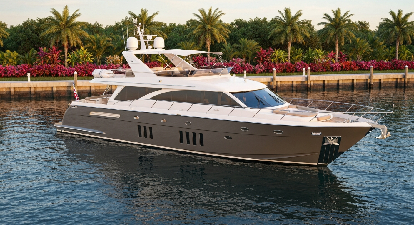 An immaculate 80 foot motoryacht docked at an ultra premium Palm Beach marina, lush tropical landscaping visible on shore