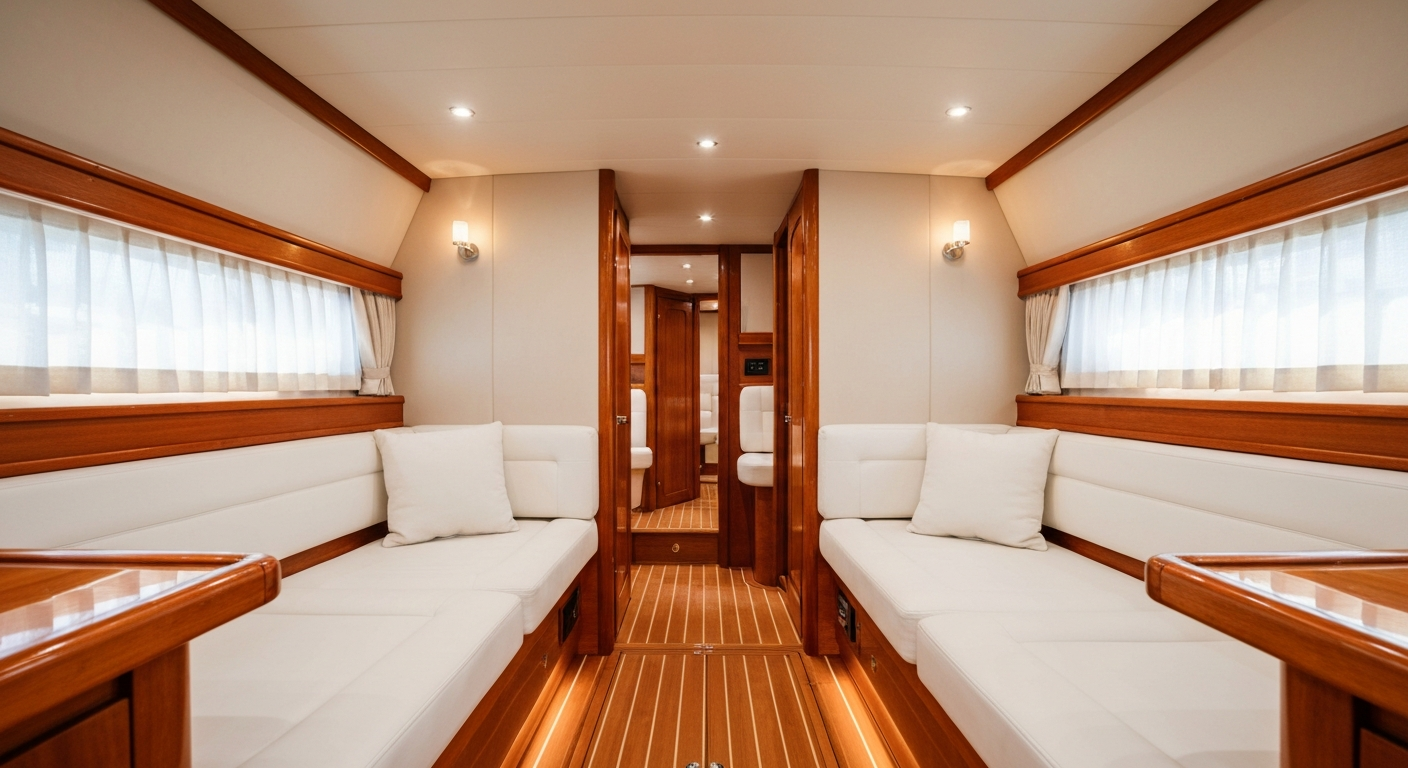 Pristine yacht cabin interior with immaculate white upholstered seating, polished teak trim, and warm ambient lighting