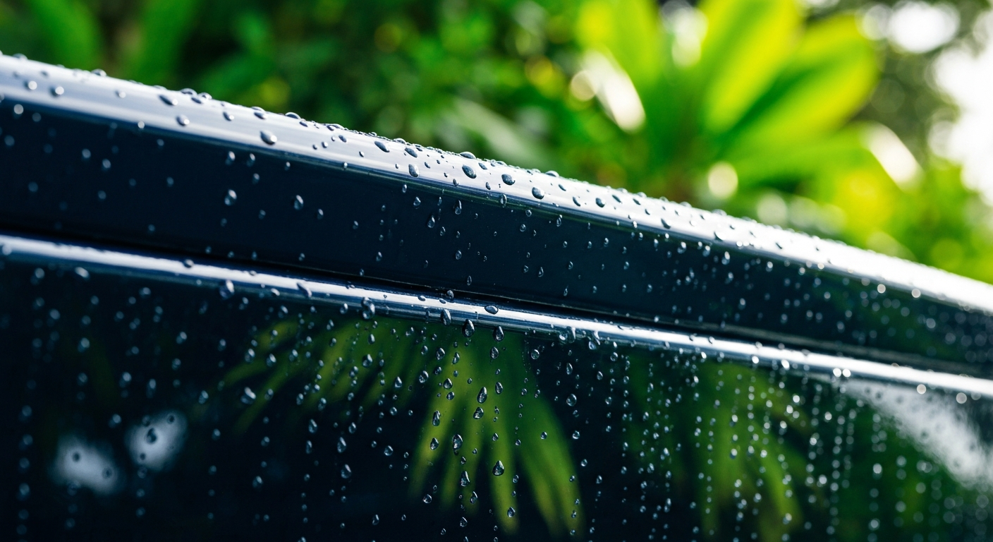 Extreme close up of a perfectly ceramic coated dark navy hull with water beading off the surface