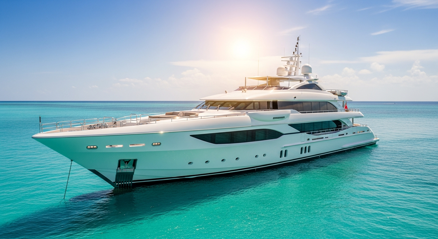 Gleaming superyacht on calm turquoise South Florida water