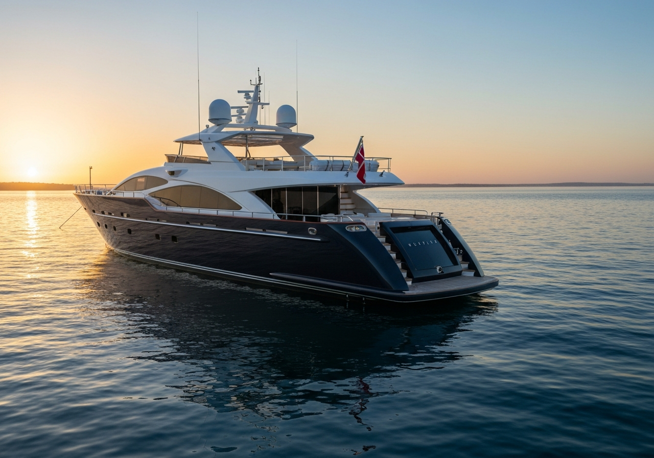 Perfectly maintained superyacht at golden hour