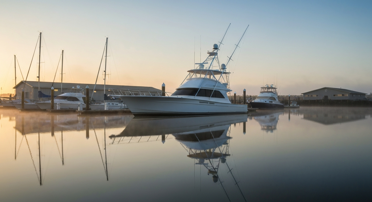 Gleaming sportfish boat reflected perfectly in glassy early morning marina water