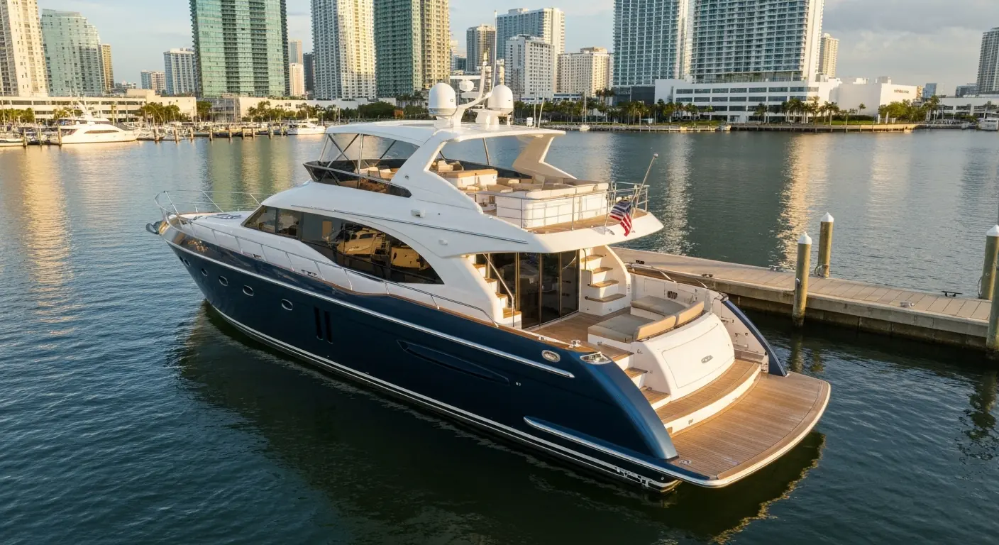 A gleaming 65 foot motoryacht docked at a pristine Fort Lauderdale marina with the downtown skyline visible in the background