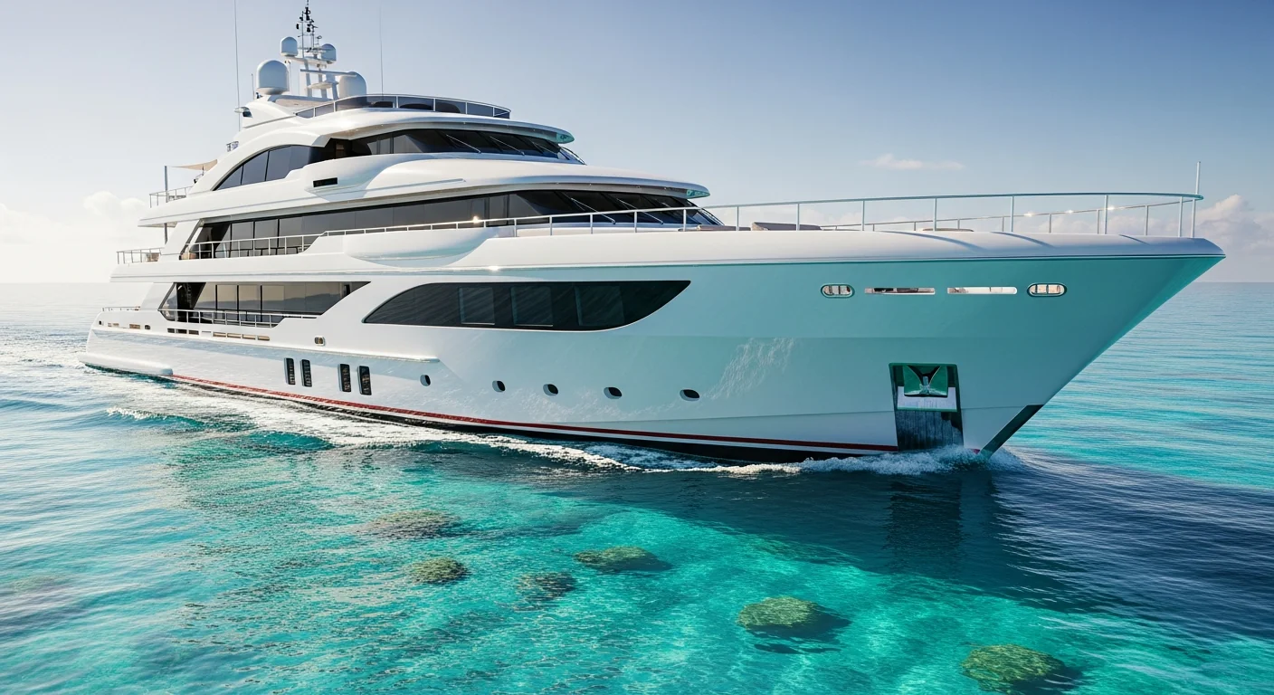 Gleaming superyacht on blue water